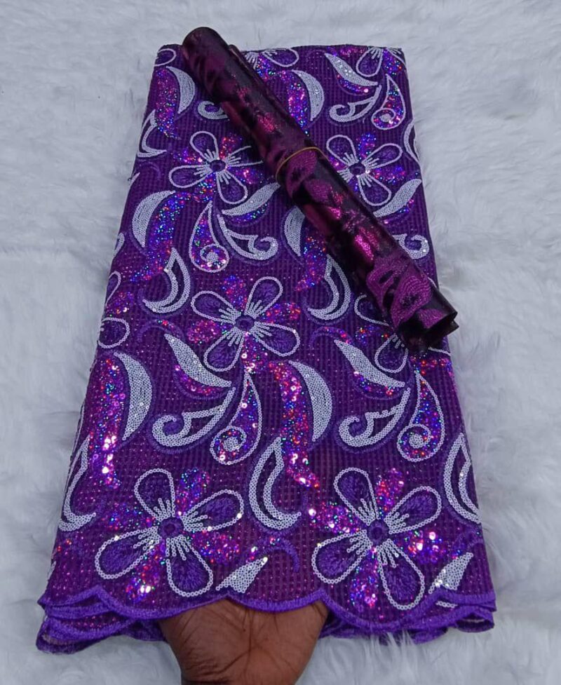 Vibrant purple English lace with a rich purple and silver brocade