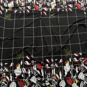 Vintage Fabric: Bold Black Grid Fabric with Tropical Floral, Retro 70s Vibe