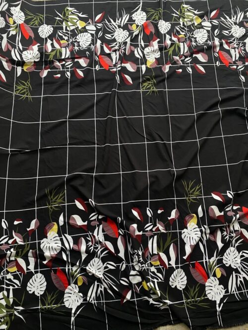 Vintage Fabric: Bold Black Grid Fabric with Tropical Floral, Retro 70s Vibe