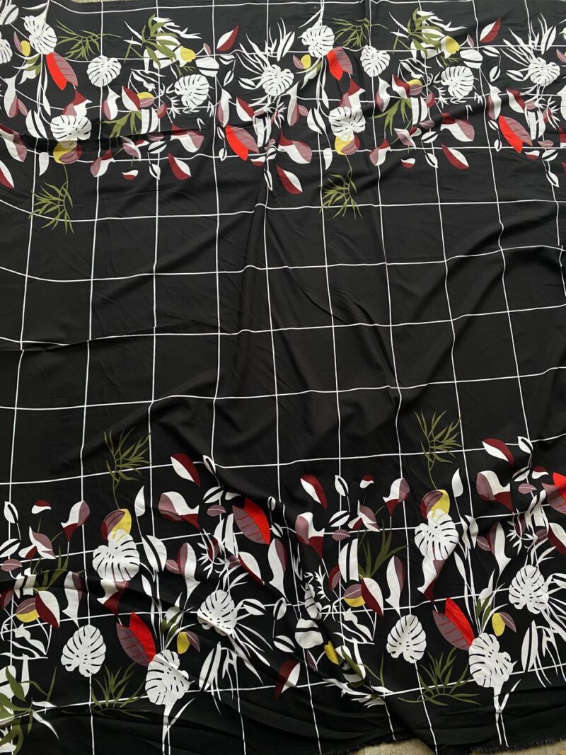 Vintage Fabric: Bold Black Grid Fabric with Tropical Floral, Retro 70s Vibe