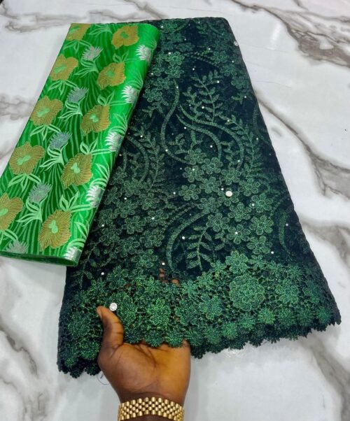 Elegant Dark Green Cord Lace with Matching Brocade